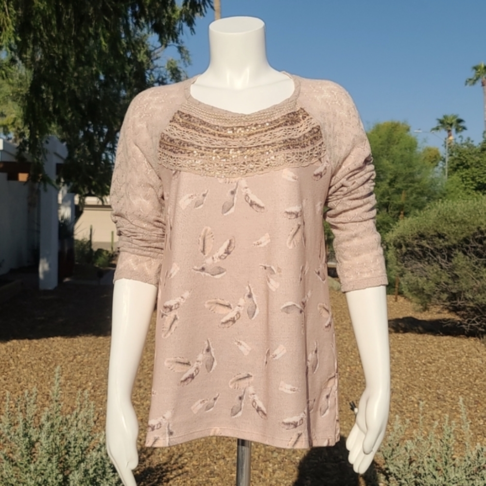 One September Aves Feather BoHo Mixed Media Top M - Picture 7 of 13